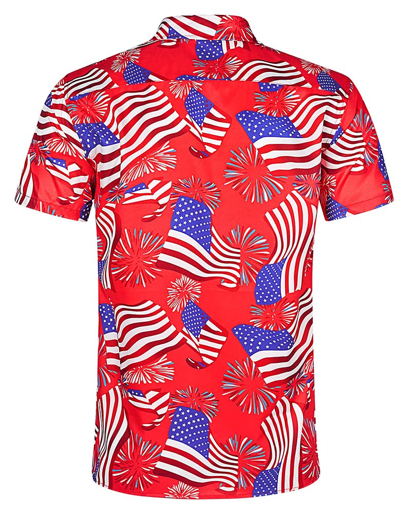 uideazone Independence Day Shirt for Men American Flag Firework Printed Button Up Shirt Casual Short Slevee Dress Shirt - Image 2